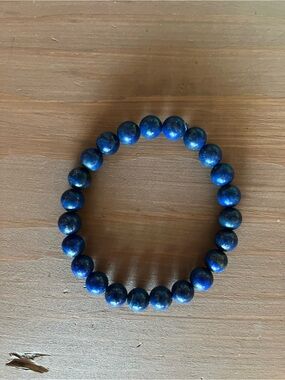 Unisex lapis beaded bracelet w pyrite inclusions stretch energy clarity like new